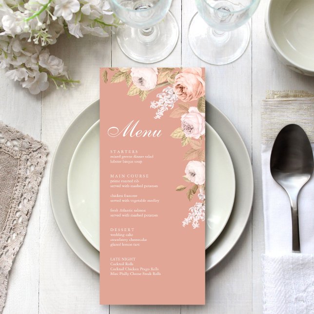 Carte de menu Mariage Boho Pink Peonies (Boho Pink Peonies Wedding Menu Card on a boho white wedding dinner table.
)