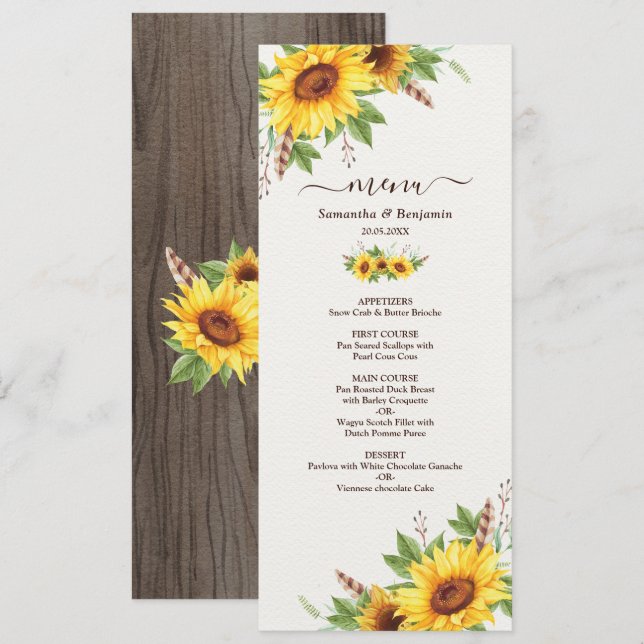 Carte de menu Mariage Boho romantique (Devant / Derrière)