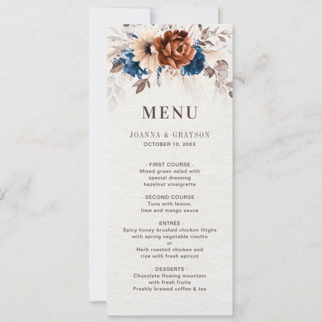 Carte de menu Mariage Botanique Bleu de la Marine  (Devant)