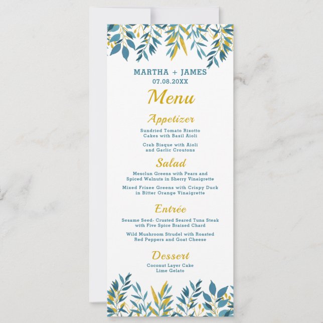 Carte de menu Mariage Botanique Bleue (Devant)