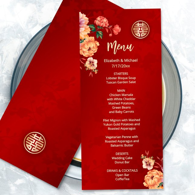 Carte de menu Mariage chinois Peony (Créateur téléchargé)