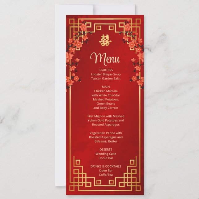Carte de menu Mariage chinois Red Cherry Blossom (Devant)
