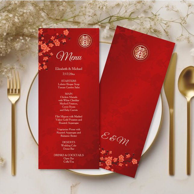 Carte de menu Mariage chinois Red Cherry Blossom (Créateur téléchargé)