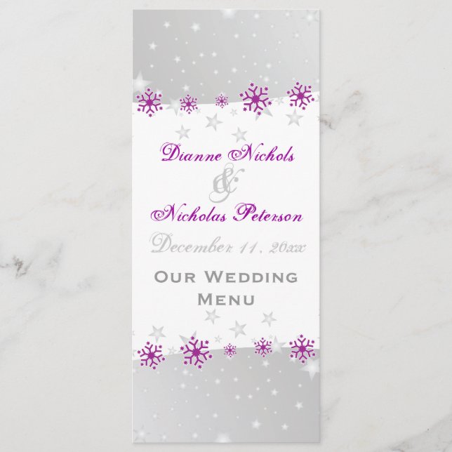 Carte de menu mariage couleur violet gris argenté (Devant)