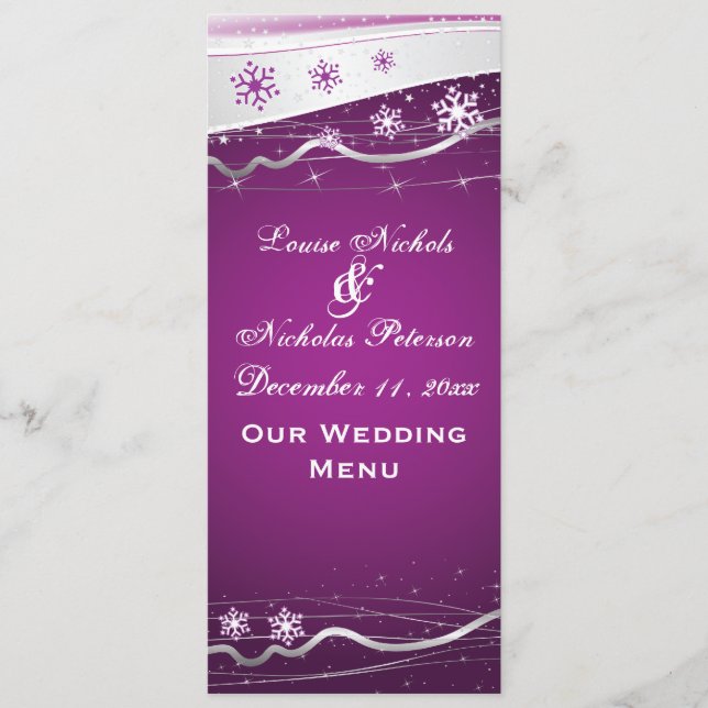 Carte de menu mariage couleur violet gris argenté (Devant)