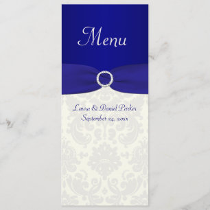 Carte de menu Mariage damassé bleue et ivoire