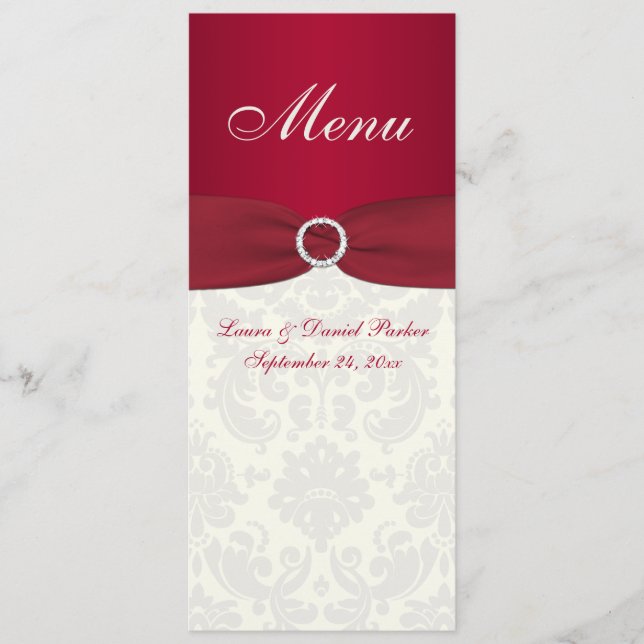 Carte de menu Mariage damassé rouge et ivoire (Devant)