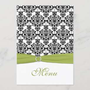 Carte de menu Mariage damassé verte, blanche et no