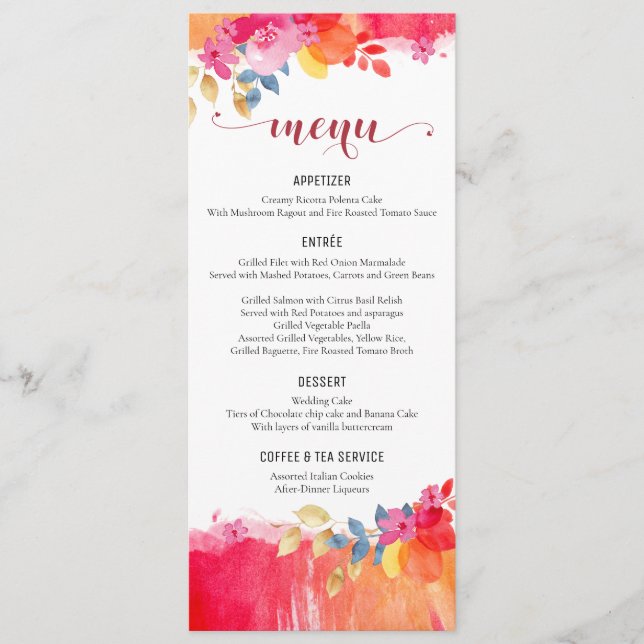 Carte de menu Mariage d'aquarelle Menus floraux co (Devant)