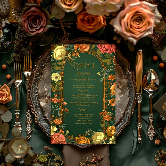Carte de menu Mariage d'automne enchantée - Druid  (Druid Hills Woodland Floral Wedding Menu)