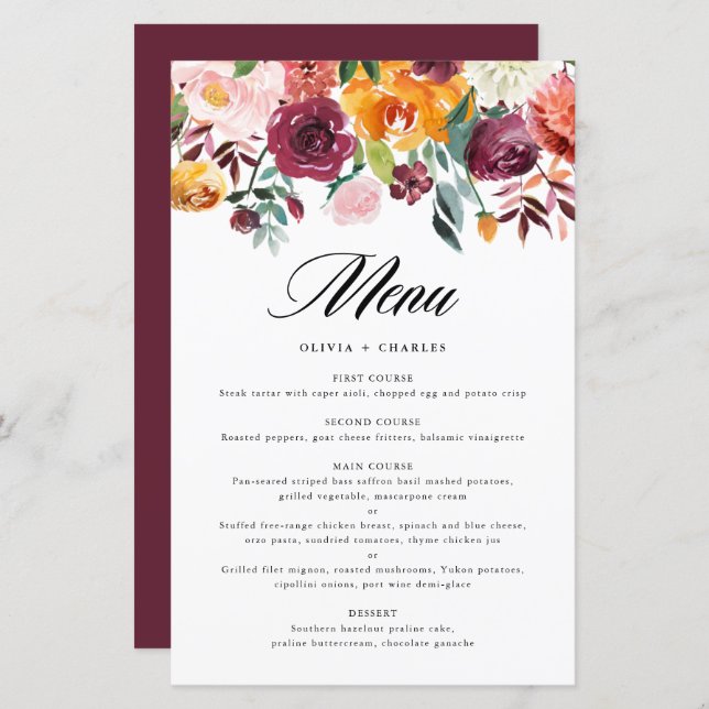 Carte de menu Mariage de automne Floral Automne (Devant / Derrière)