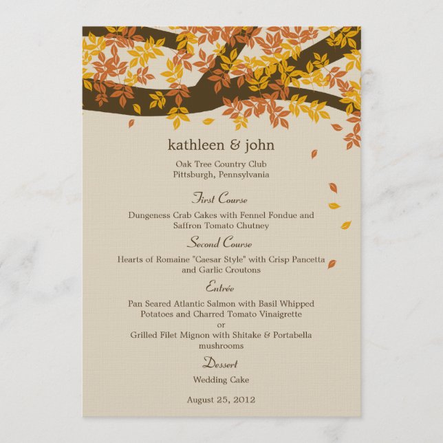 Carte de menu Mariage de automne Oak Tree (Devant)