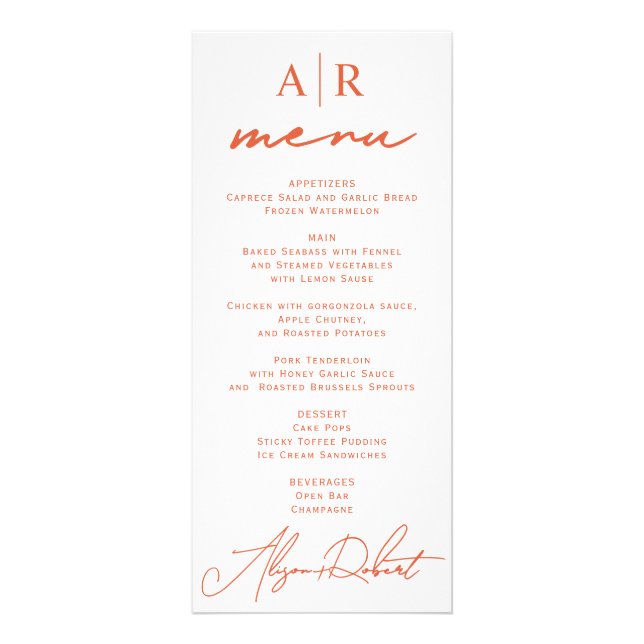 Carte de menu mariage de automne Orange script cal (Devant)