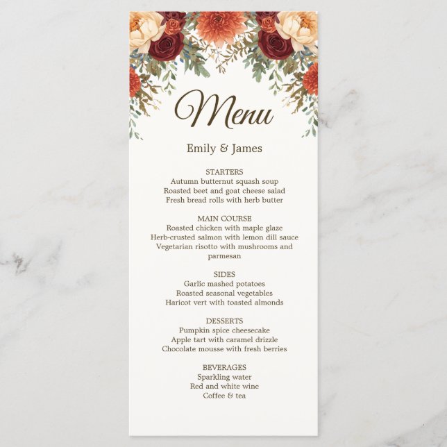 Carte de menu Mariage de automne rustique | Rose d (Devant)