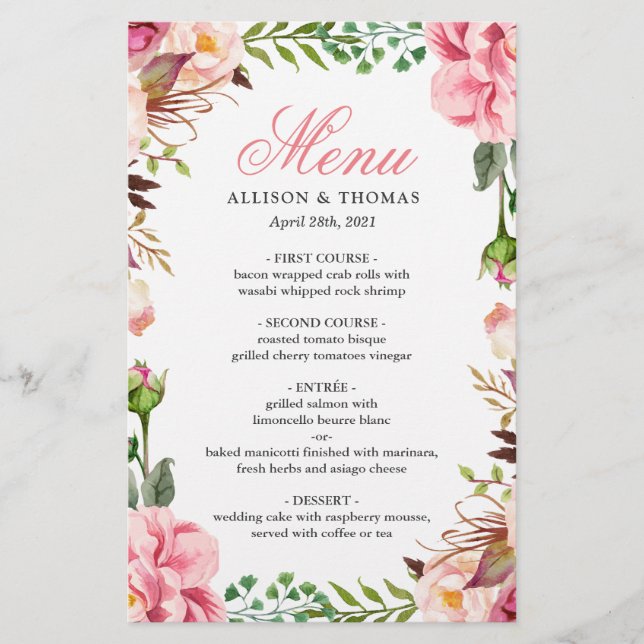 Carte de menu Mariage de bordure rose romantique (Devant)