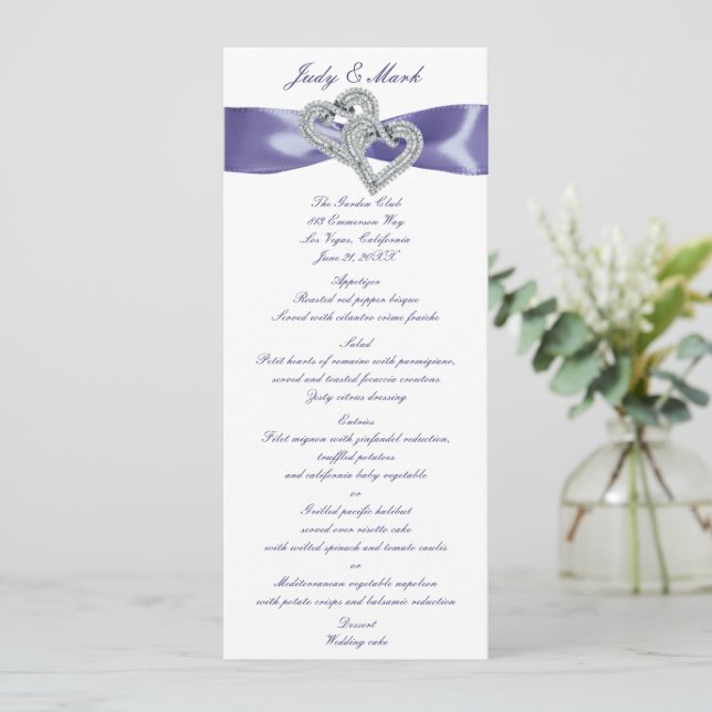 Carte de menu Mariage de Coeurs de Diamants Bleus  (Debout devant)