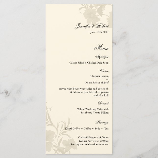 Carte de menu Mariage de crème d'écrus Floral Emba (Devant)