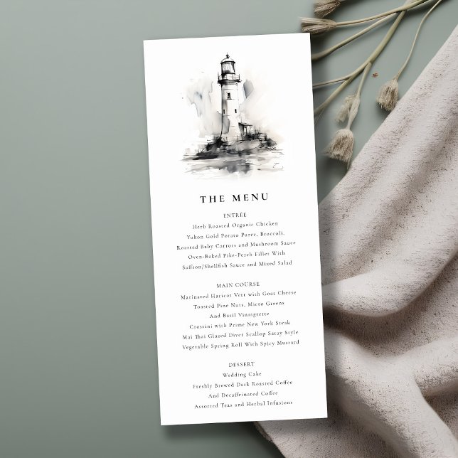 Carte de menu Mariage de croquis de phare noir et  (Créateur téléchargé)