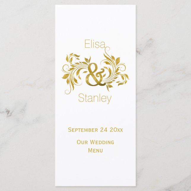 Carte de menu mariage de feuille d'or (Devant)