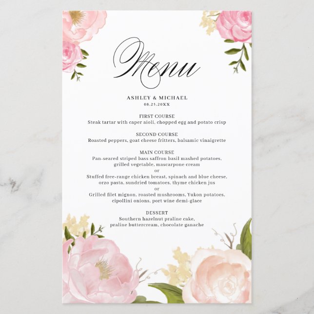 Carte de menu Mariage de fleurs d'aquarelle rose r (Devant)