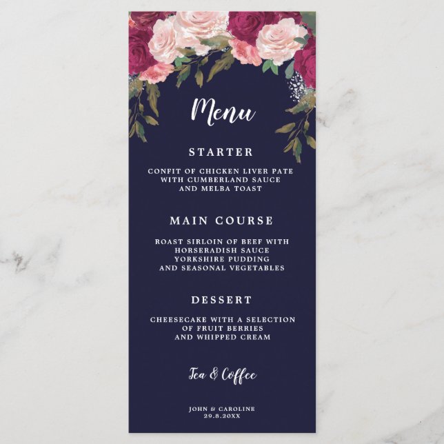 carte de menu mariage de la marine bordeaux boho (Devant)