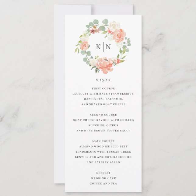 Carte de menu Mariage de Monogramme Floral Peach S (Devant)