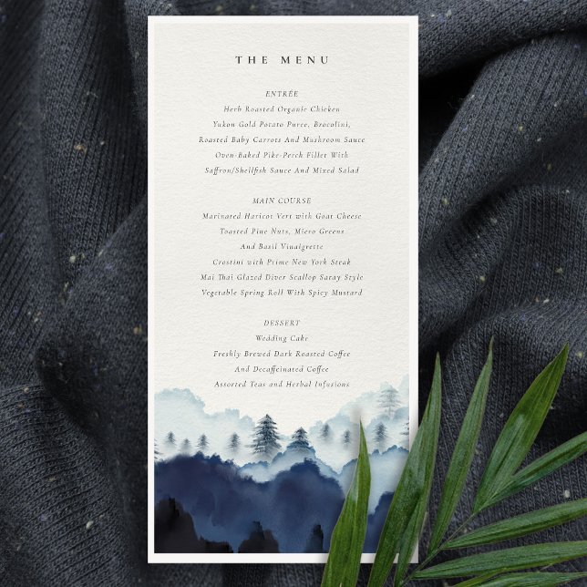 Carte de menu Mariage de pin bleu encre Woods Moun (Créateur téléchargé)
