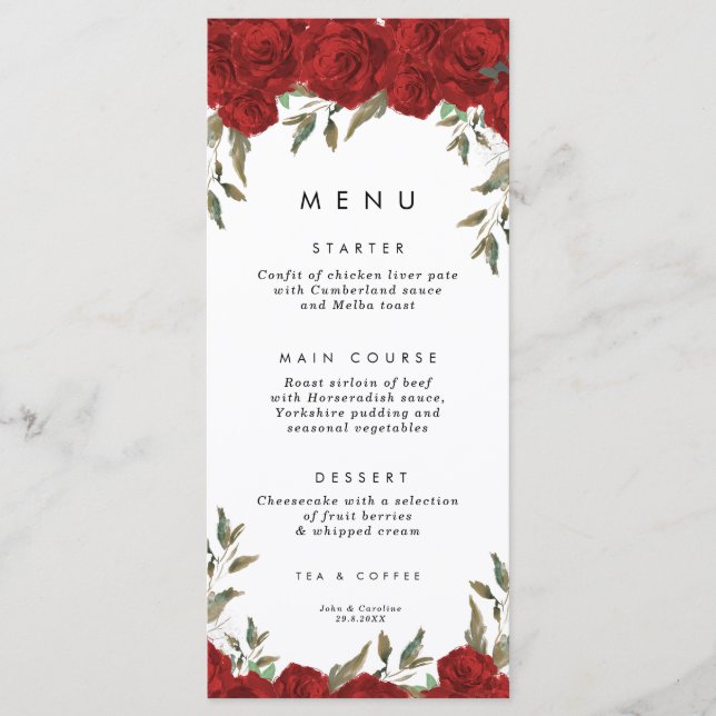 carte de menu mariage de roses rouges (Devant)