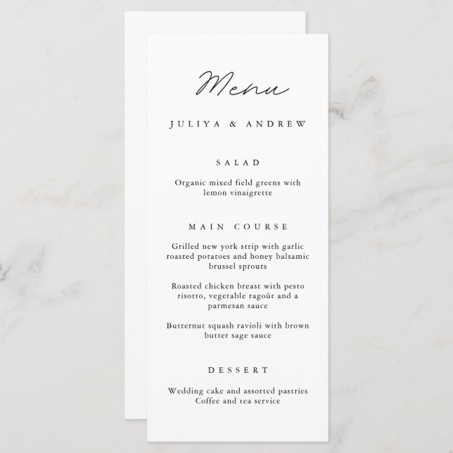 Carte de menu Mariage de script noir et blanc simp (Devant / Derrière)