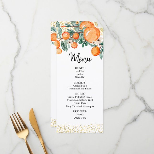 Carte de menu Mariage d'été orange (Devant/Arrière en situation)