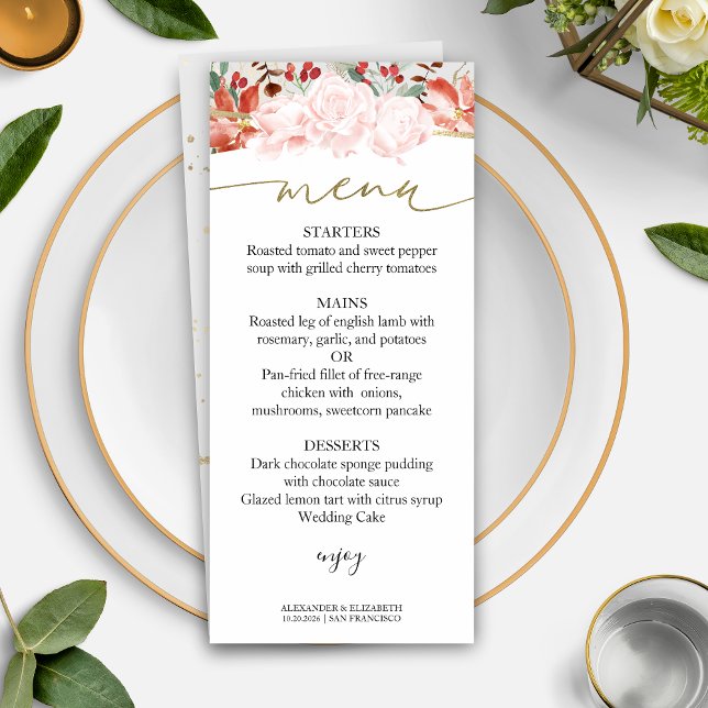 Carte de menu Mariage d'hiver Aquarelle dorée Flor (Créateur téléchargé)