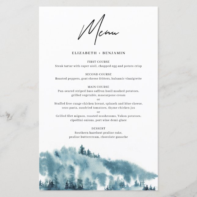Carte de menu Mariage d'hiver de la forêt bleue Aq (Devant)