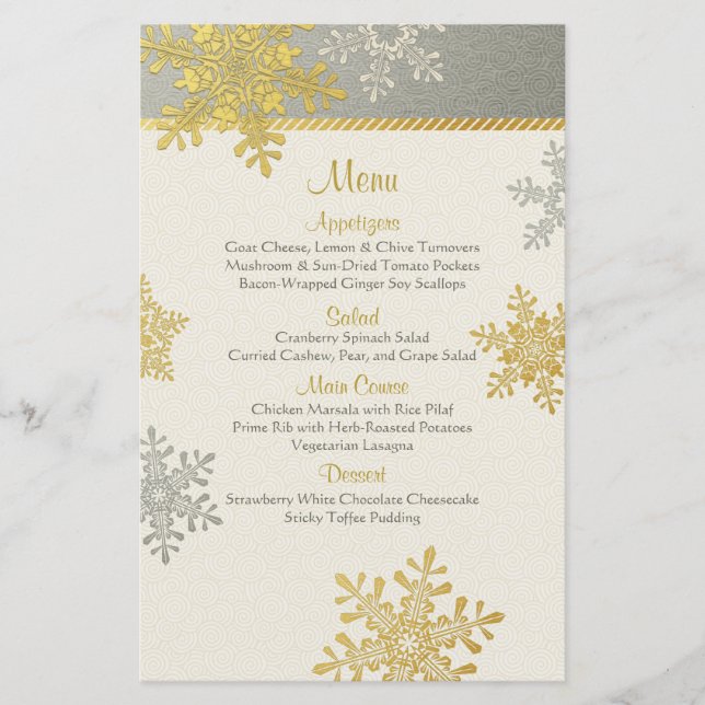 Carte de menu Mariage d'hiver Silver Gold Snowflak (Devant)