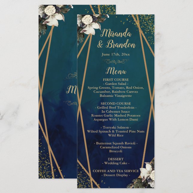 Carte de menu Mariage en or floral romantique (Devant / Derrière)