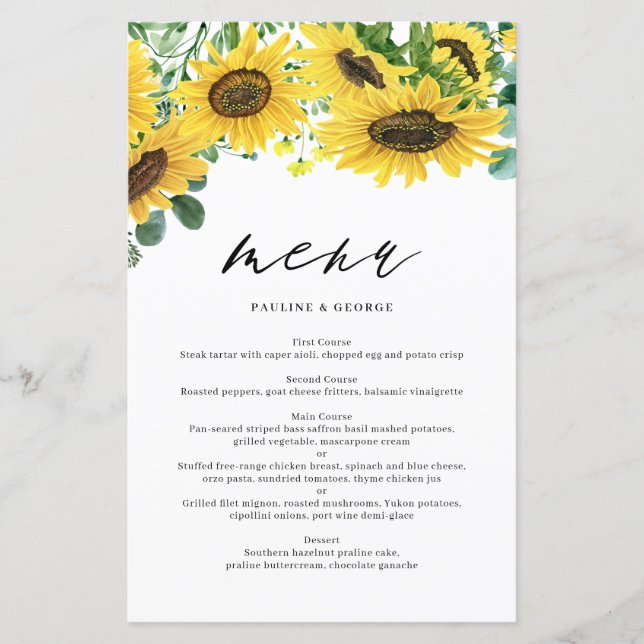 Carte de menu Mariage Eucalyptus Sunflower Waterco (Devant)