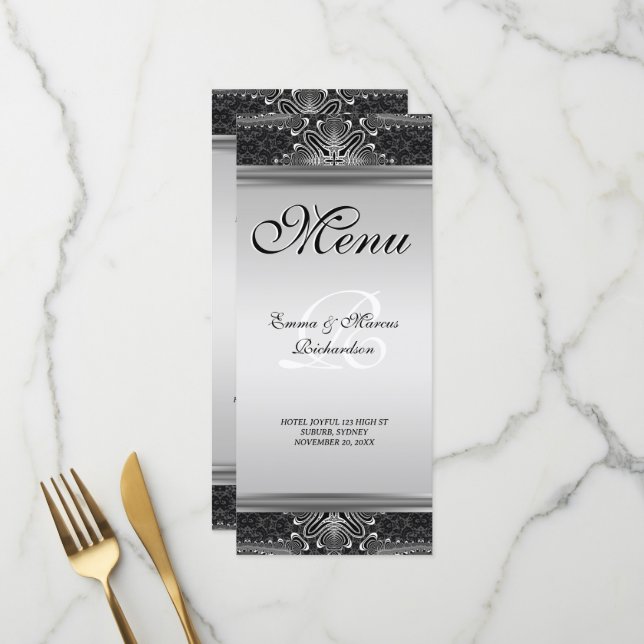 Carte de menu Mariage Exotic Black Baroque (Devant/Arrière en situation)