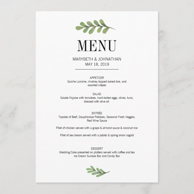 Carte de menu Mariage Feuille Watercolor Greenery (Devant)