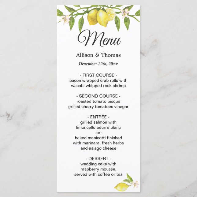 Carte de menu Mariage Fleur de citrons frais (Devant)