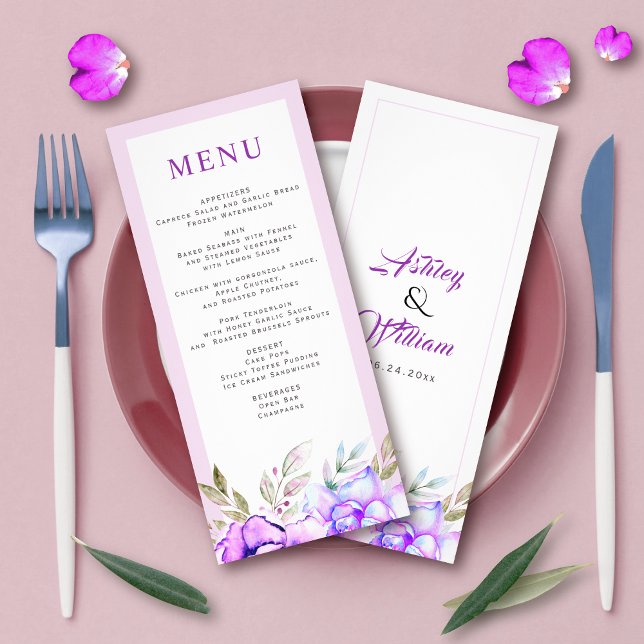 Carte de menu mariage fleurs d'aquarelle violet bl (Créateur téléchargé)