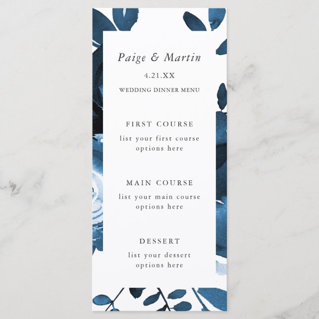 Carte de menu Mariage Floral Bleu et Blanc (Devant)