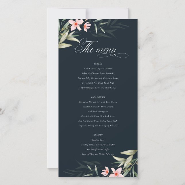 Carte de menu Mariage floral Dark Navy Blush Green (Devant)