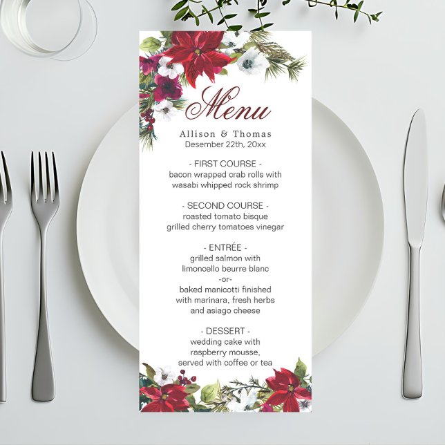 Carte de menu Mariage Floral de Noël Rouge Poinset (Créateur téléchargé)