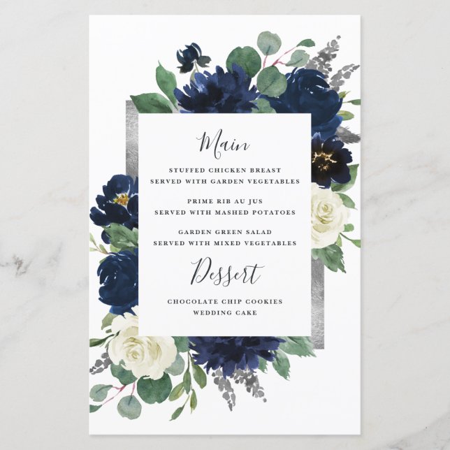 Carte de menu Mariage floral en ivoire bleu marine (Devant)