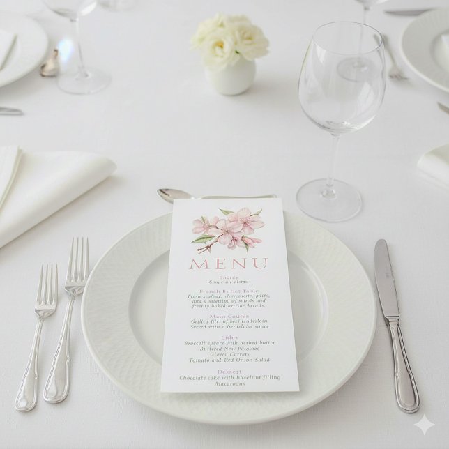 Carte de menu Mariage floral rose pâle (Cherry blossom wedding reception meal menu)