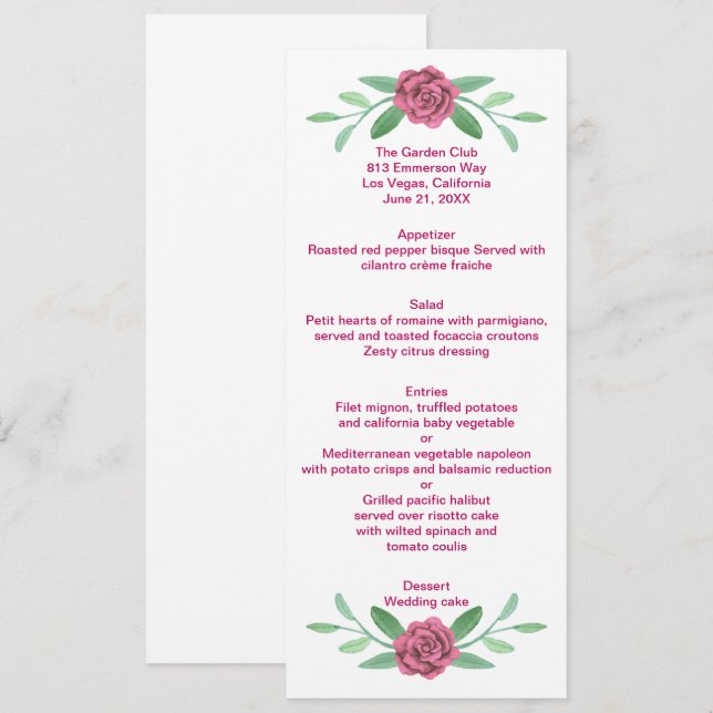 Carte de menu Mariage Foliage Rose Floral (Devant / Derrière)