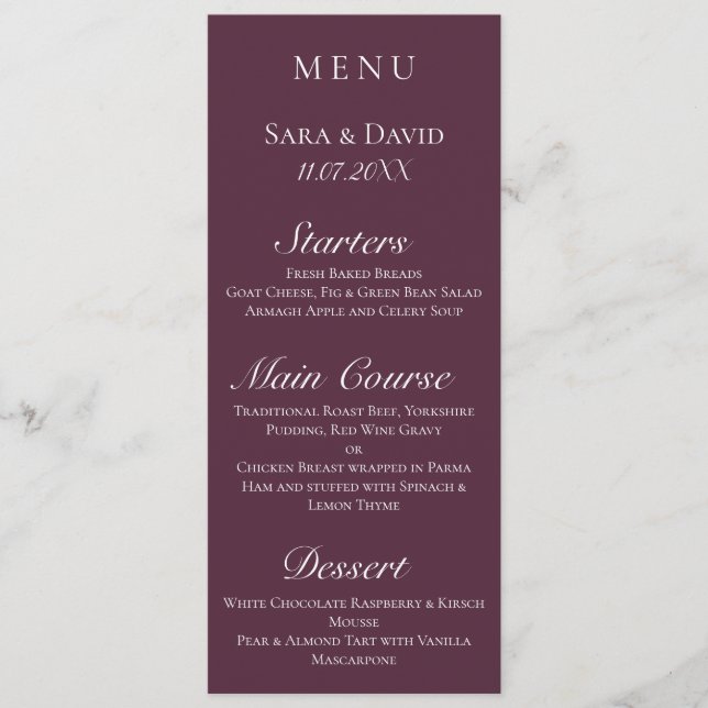 Carte de menu Mariage foncé mauve moderne (Devant)