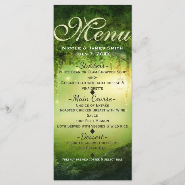 Carte de menu Mariage Forêt et Lumières enchantées (Devant)