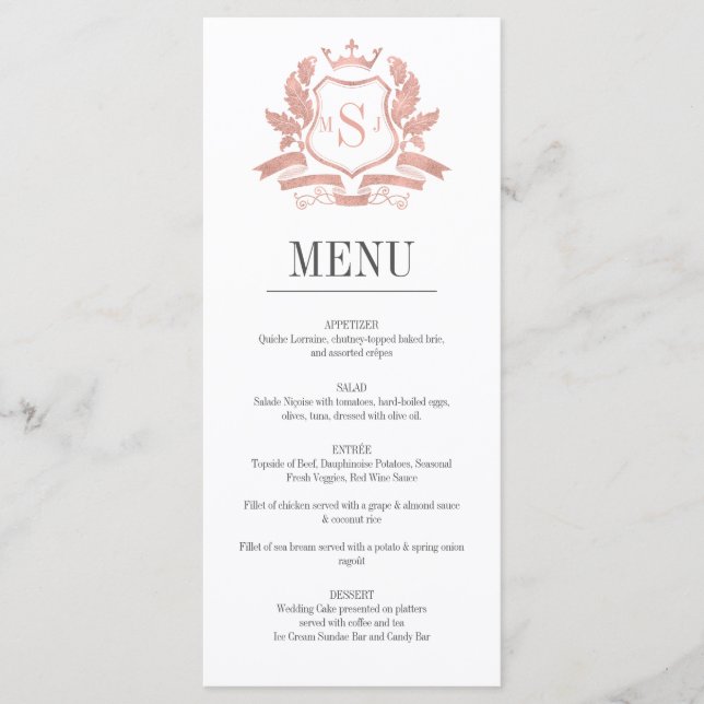 Carte de menu Mariage Gold Crest Rose classique (Devant)