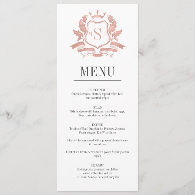 Carte de menu Mariage Gold Crest Rose classique (Devant)