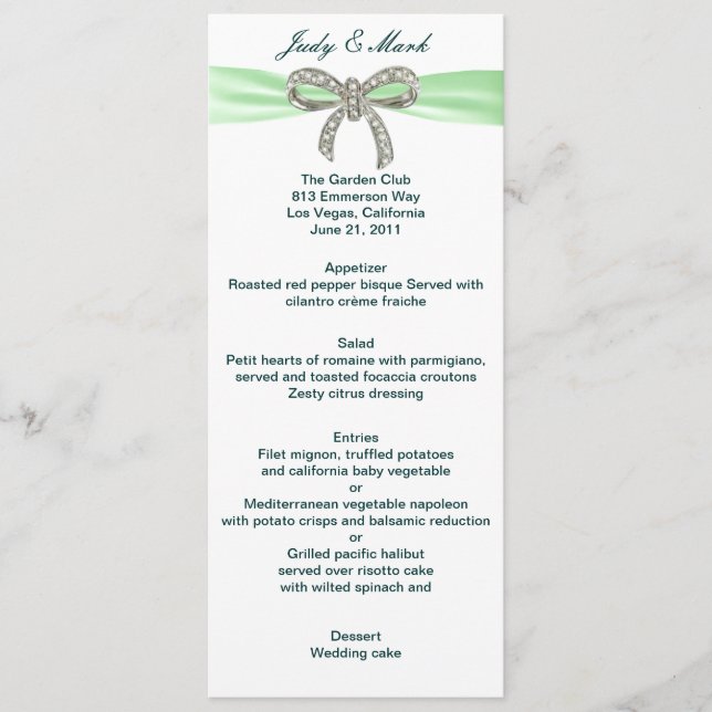 Carte de menu Mariage Green Diamond Bow (Devant)